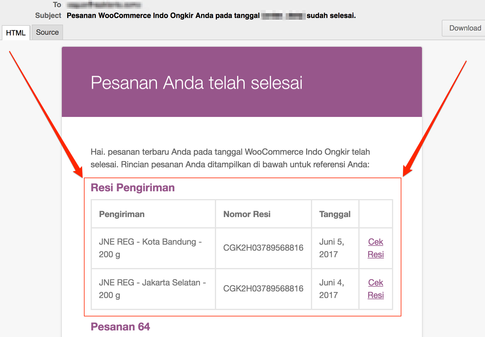 WooCommerce IndoOngkir - Resi Pengiriman di Email