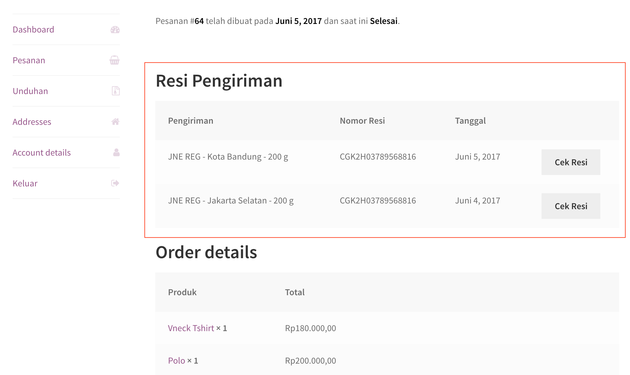 WooCommerce IndoOngkir - Resi Pengiriman di My Account